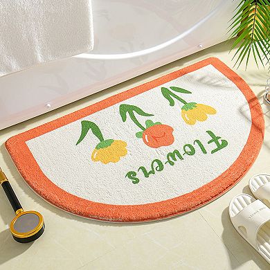Plush Absorbent Half Moon Bathroom Floor Mat with Floral Pattern and Text Detail Soft Bath Rug