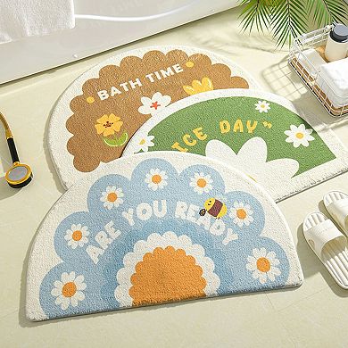 Plush Absorbent Half Moon Bathroom Floor Mat with Floral Pattern and Text Detail Soft Bath Rug