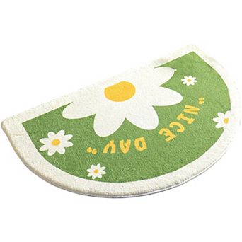 Plush Absorbent Half Moon Bathroom Floor Mat with Floral Pattern and Text Detail Soft Bath Rug
