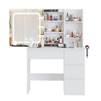 White Vanity Desk with Mirror Lights, 4 Drawers, Charging Station, Hidden Storage, 3 Lighting Colors