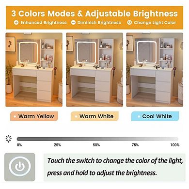 White Vanity Desk with Mirror Lights, 4 Drawers, Charging Station, Hidden Storage, 3 Lighting Colors