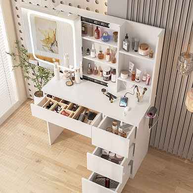 White Vanity Desk with Mirror Lights, 4 Drawers, Charging Station, Hidden Storage, 3 Lighting Colors