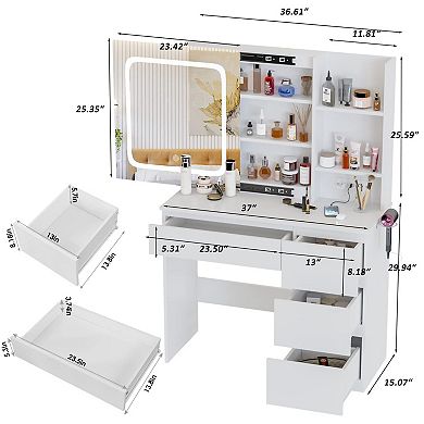 White Vanity Desk with Mirror Lights, 4 Drawers, Charging Station, Hidden Storage, 3 Lighting Colors