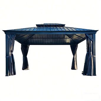 12'x 14' Hardtop Gazebo Grey-Aluminum Frame Double Roof with Curtains & Netting