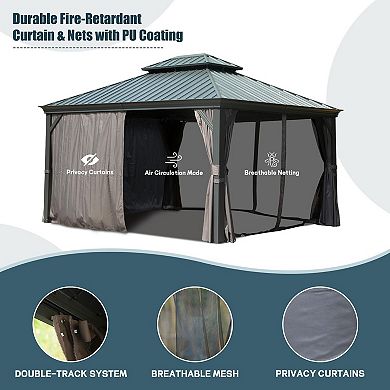 12'x 14' Hardtop Gazebo Grey-Aluminum Frame Double Roof with Curtains & Netting