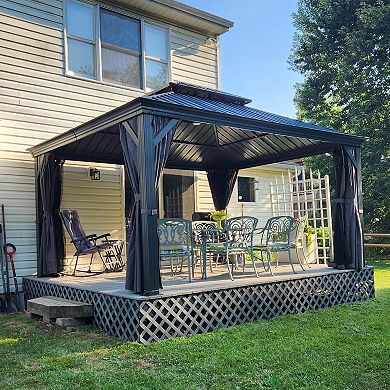 12'x 14' Hardtop Gazebo Grey-Aluminum Frame Double Roof with Curtains & Netting