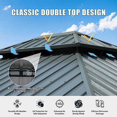 12'x 14' Hardtop Gazebo Grey-Aluminum Frame Double Roof with Curtains & Netting