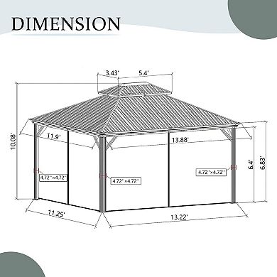 12'x 14' Hardtop Gazebo Grey-Aluminum Frame Double Roof with Curtains & Netting