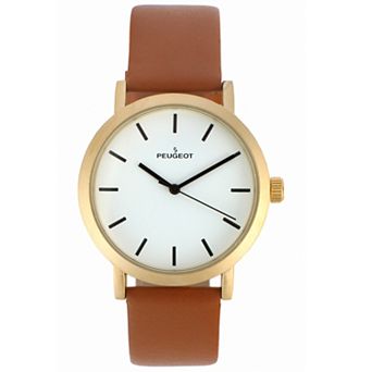 Peugeot Mens 40mm Brown Minimalist Calfskin Leather Strap Watch