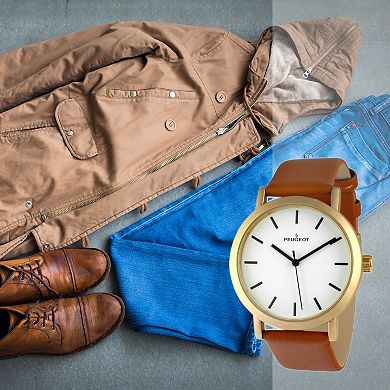 Peugeot Mens 40mm Brown Minimalist Calfskin Leather Strap Watch