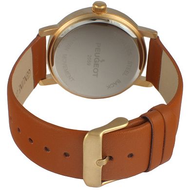 Peugeot Mens 40mm Brown Minimalist Calfskin Leather Strap Watch