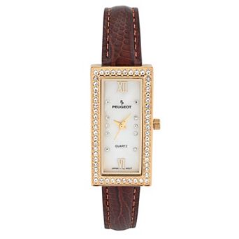 Peugeot Womens 35mm x 20mm Rectangular Crystal Bezel Watch with Glossy Leather Strap