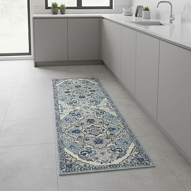 2-PC Vintage Inspired Kitchen Runner Rugs Set with Distressed Medallion Pattern Non Slip Backing