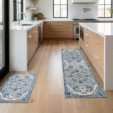 2-PC Vintage Inspired Kitchen Runner Rugs Set with Distressed Medallion Pattern Non Slip Backing
