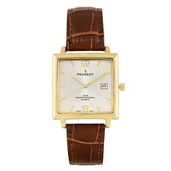 Peugeot Mens 35mm Square Watch with Leather Strap and Date Window