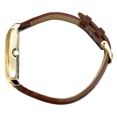 Peugeot Mens 35mm Square Watch with Leather Strap and Date Window