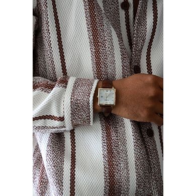 Peugeot Mens 35mm Square Watch with Leather Strap and Date Window