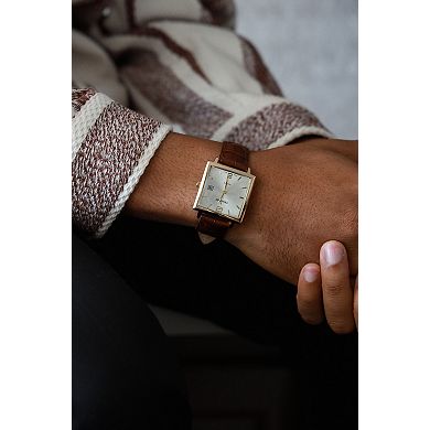 Peugeot Mens 35mm Square Watch with Leather Strap and Date Window