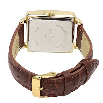 Peugeot Mens 35mm Square Watch with Leather Strap and Date Window