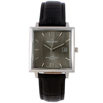 Peugeot Mens 35mm Square Watch with Leather Strap and Date Window