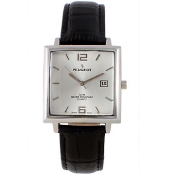 Peugeot Mens 35mm Square Watch with Leather Strap and Date Window