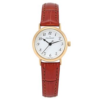 Peugeot Womens Small Face Round Easy Read Minimalist Leather Strap Watch