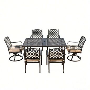 7 pc Outdoor Patio Dining Set with Metal Table, Swivel Chairs & Cushions