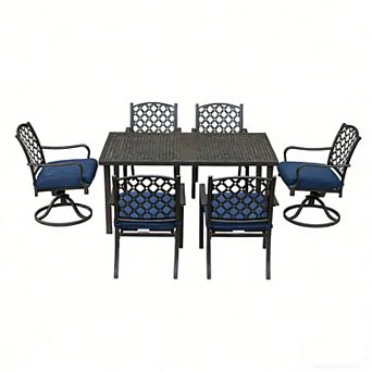7 pc Outdoor Patio Dining Set with Metal Table, Swivel Chairs & Cushions