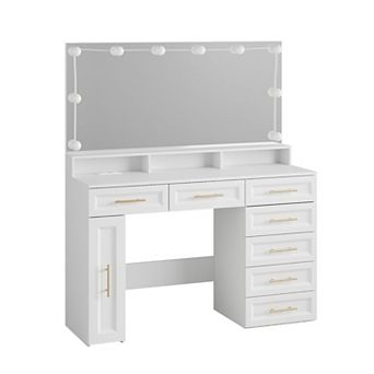 White Makeup Vanity Desk with Lighted Mirror, Glass Top, Power Outlet, 3 Modes Adjustable Brightness