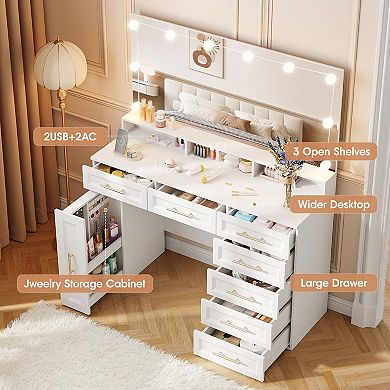 White Makeup Vanity Desk with Lighted Mirror, Glass Top, Power Outlet, 3 Modes Adjustable Brightness