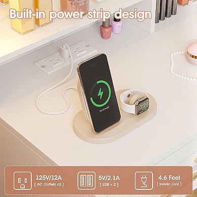 White Makeup Vanity Desk with Lighted Mirror, Glass Top, Power Outlet, 3 Modes Adjustable Brightness