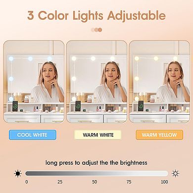 White Makeup Vanity Desk with Lighted Mirror, Glass Top, Power Outlet, 3 Modes Adjustable Brightness