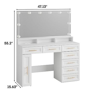 White Makeup Vanity Desk with Lighted Mirror, Glass Top, Power Outlet, 3 Modes Adjustable Brightness