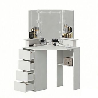White Makeup Table with Lighted Mirror & Power Strip, Corner Desk
