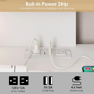White Makeup Table with Lighted Mirror & Power Strip, Corner Desk
