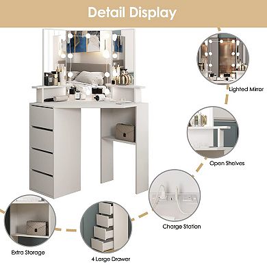 White Makeup Table with Lighted Mirror & Power Strip, Corner Desk