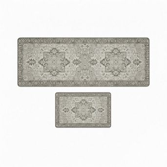 2 pc Vintage Inspired Kitchen Runner Rugs Set with Distressed Medallion Pattern Non Slip Backing