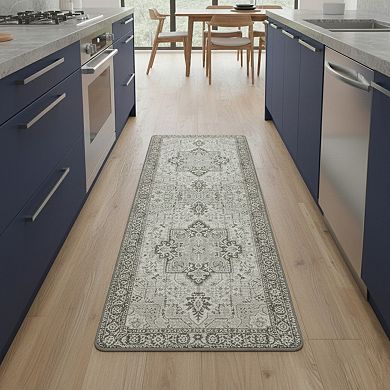 2-PC Vintage Inspired Kitchen Runner Rugs Set with Distressed Medallion Pattern Non Slip Backing