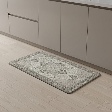 2-PC Vintage Inspired Kitchen Runner Rugs Set with Distressed Medallion Pattern Non Slip Backing