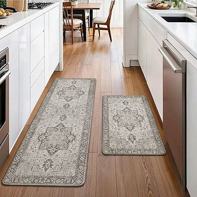 2-PC Vintage Inspired Kitchen Runner Rugs Set with Distressed Medallion Pattern Non Slip Backing