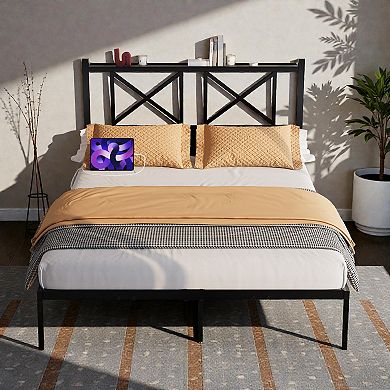 Lufeiya Full Floating Platform Bed Frame with Storage Headboard, USB Charging Station, RGB LED Light