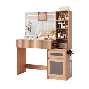 Makeup Vanity Desk with Mirror, Lights & Charging Station, Brown