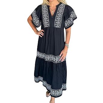Women's Casual Short Sleeve Maxi Dress Notch V Neck Pleated Loose A-line Dresses