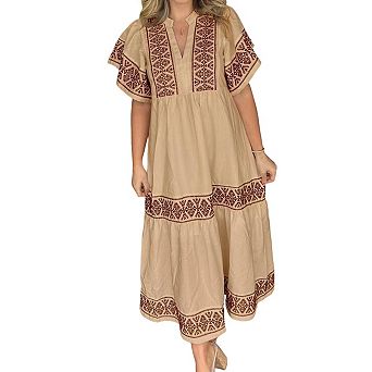 Women's Casual Short Sleeve Maxi Dress Notch V Neck Pleated Loose A-line Dresses