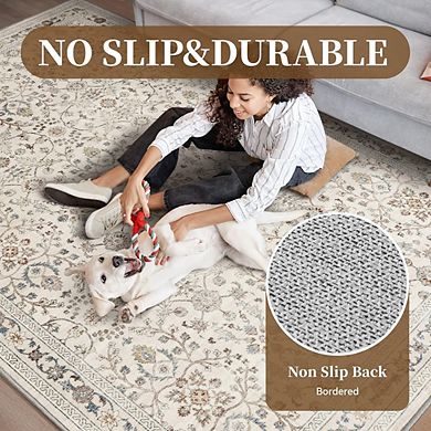 5x7 Vintage Area Rug Soft Distressed Beige Carpet, Non-Slip & Machine Washable