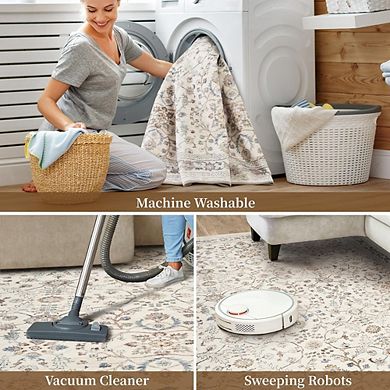 5x7 Vintage Area Rug Soft Distressed Beige Carpet, Non-Slip & Machine Washable