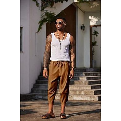 COOFANDY Men's Linen Harem Capri Pants Lightweight Loose 3/4 Shorts Drawstring Trousers Pants