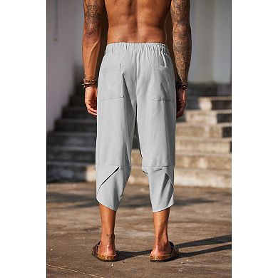COOFANDY Men's Linen Harem Capri Pants Lightweight Loose 3/4 Shorts Drawstring Trousers Pants