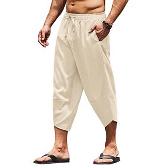 COOFANDY Men's Linen Harem Capri Pants Lightweight Loose 3/4 Shorts Drawstring Trousers Pants