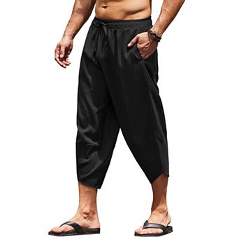 COOFANDY Men's Linen Harem Capri Pants Lightweight Loose 3/4 Shorts Drawstring Trousers Pants